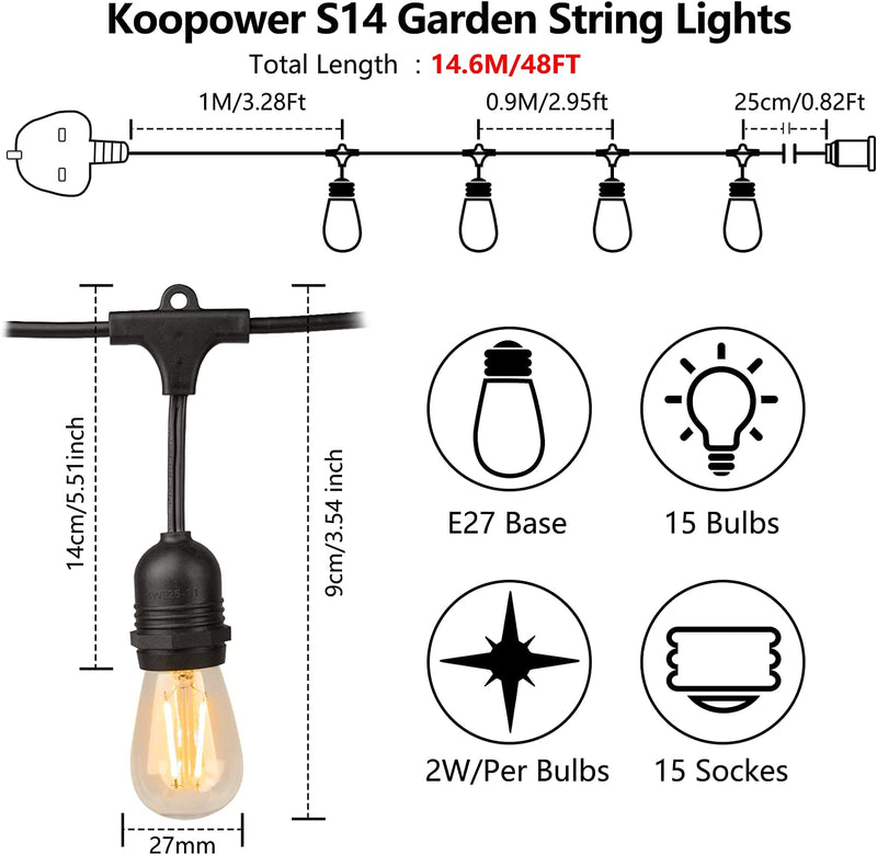 Koopower 15 LED Festoon Lights on 14M String, Mains Powered Lights with S14 Light Bulbs